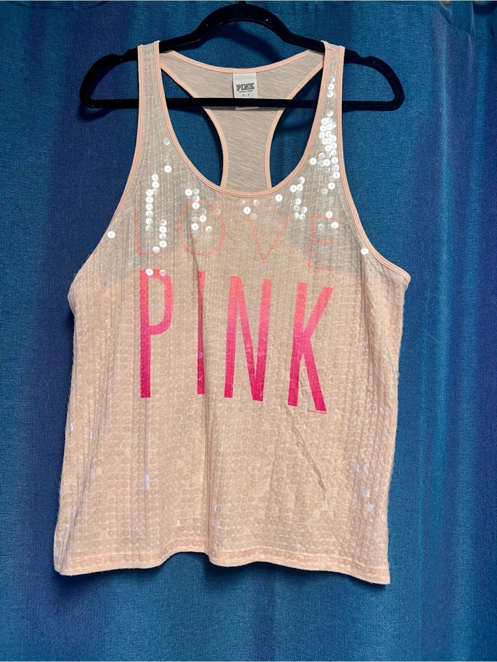 PINK Victoria's Secret Peach Sequin Racerback Tank with Pink Logo